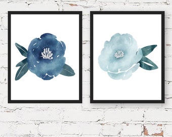 Conjunto de 2 láminas florales, decoración de pared con peonías azules, arte floral, lámina botánica imprimible