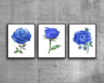 Set of 3 Prints,Blue Wall Art,Blue Flowers Print,Set of 3 Wall Art,Roses Print,Blue Wall Decor,Floral Wall Art,Botanical Print,Floral Print