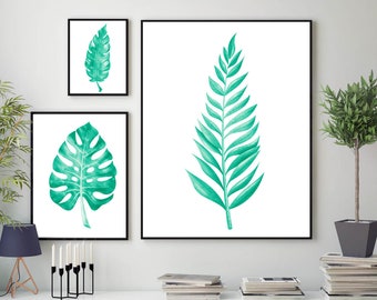 Botanical print set of 3, Set of 3 Botanical Prints,Green Botanical Print, Green Leaves Print, Set of 3 Wall Art, Botanical Leaf Wall Art