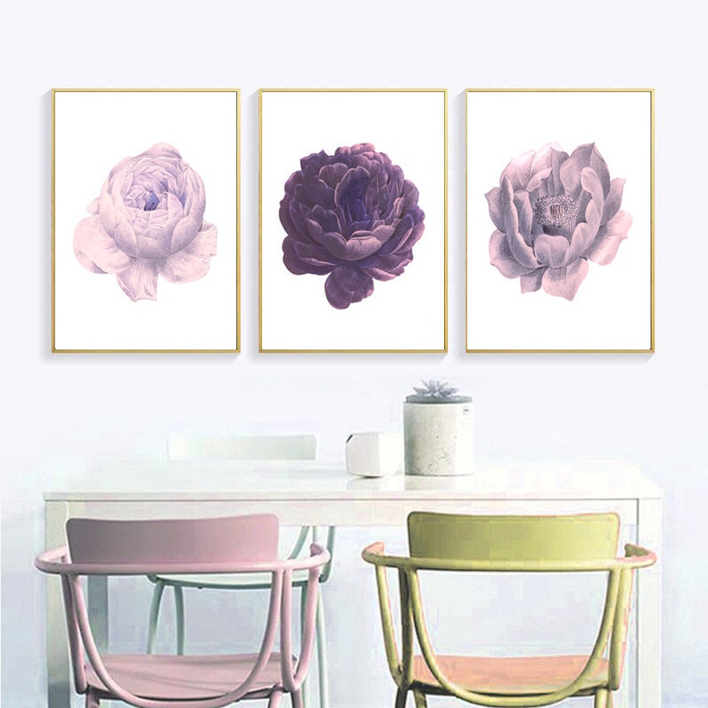 Set of 3 Prints Purple Wall Art Purple Flowers Print Set of Etsy