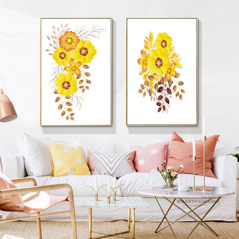 Set of 2 Prints, Yellow Wall Art, Yellow Flowers Print, Set of 2 Wall ...