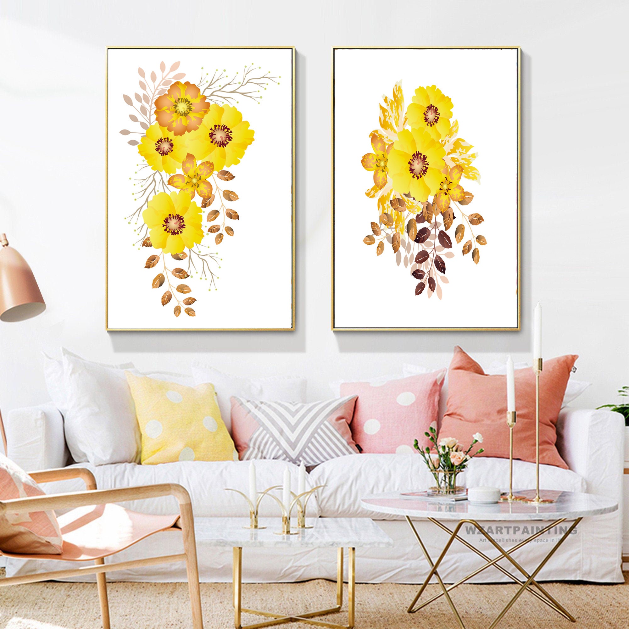 Set of 2 Prints, Yellow Wall Art, Yellow Flowers Print, Set of 2 Wall ...