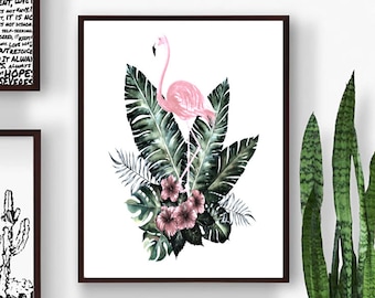 Flamingo Art Print, Leaf Wall Art, Flamingo Wall Decor, Flamingo Artwork, Bird Prints, Pink Flamingo,Pink Prints,Nature Print, Nature Art