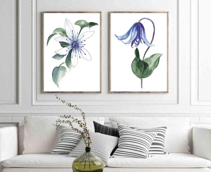 Set of 2 Prints, Blue Wall Art, Blue Flowers Print, Set of 2 Wall Art ...