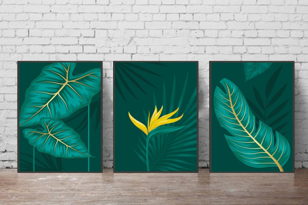 Set of 3 Prints, Botanical Print, Green Leaves Wall Art, Yellow Flowers ...