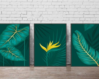 Set of 3 Prints, Set of 3 Wall Art, Botanical Print, Green Leaves Art, Plant Prints, Yellow Floral Print, Gold Flowers Print, Printable Art