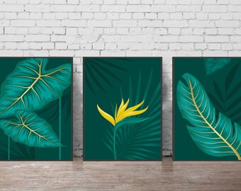 Set of 3 Prints, Botanical Print, Green Leaves Wall Art, Yellow Flowers Printable Decor