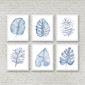 Set of 6 Botanical Prints,Blue Botanical Print, Leaves Wall Art,Blue Leaves Print, Set of 6 Wall Art,Botanical Leaf Wall Art,Blue Wall Decor