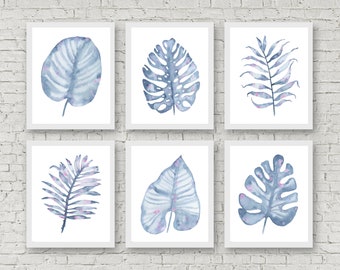 Set of 6 Botanical Prints,Blue Botanical Print, Leaves Wall Art,Blue Leaves Print, Set of 6 Wall Art,Botanical Leaf Wall Art,Blue Wall Decor