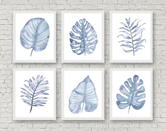 Set of 6 Botanical Prints, Blue Leaves Wall Decor, Plants Printable Digital Art