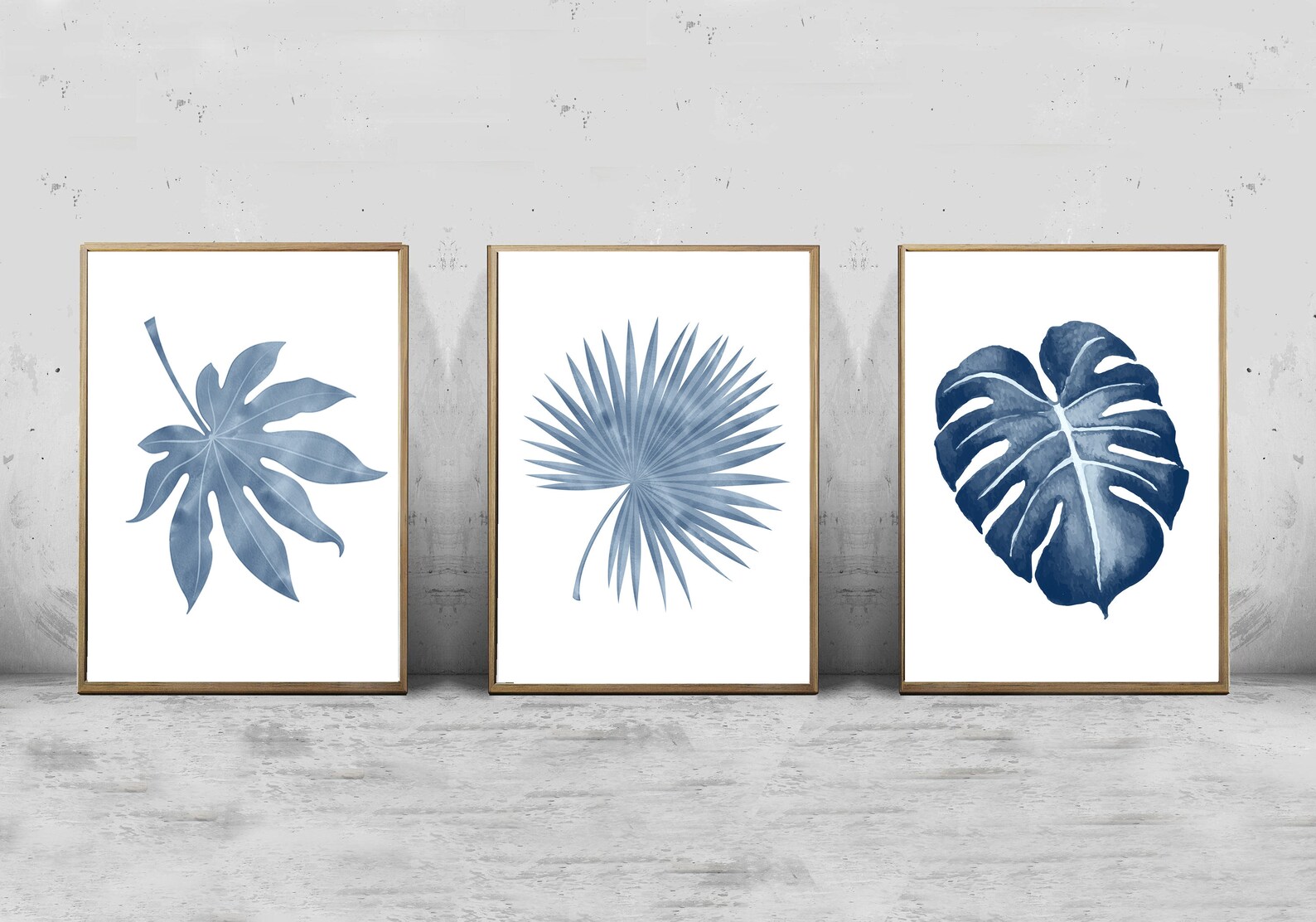 Set of 3 Botanical Prints, Blue Exotic Leaves Wall Decor, Tropical Leaf ...
