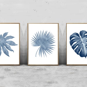Set of 3 Botanical Prints, Blue Botanical Print, Botanical Print Set of 3, Blue Leaves Print, Set of 3 Wall Art, Botanical Leaf Wall Art