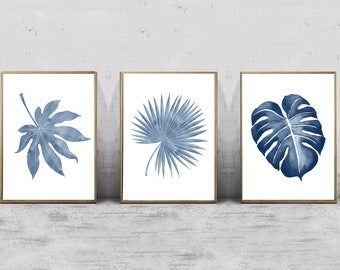 Set of 3 Botanical Prints, Blue Botanical Print, Botanical Print Set of 3, Blue Leaves Print, Set of 3 Wall Art, Botanical Leaf Wall Art