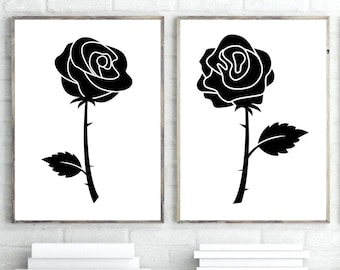 Set of 2 Prints, Black And White Wall Art, Black Flowers Print, Set of 2 Wall Art, Roses Print, Floral Wall Art,Botanical Print,Floral Print