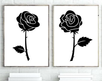 Set of 2 Floral Prints, Black And White Flowers Wall Decor, Botanical Printable Art