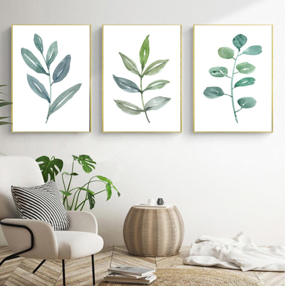 Set of 3 Botanical Prints, Green Botanical Wall Decor, Leaves Printable ...