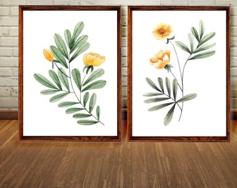 Set of 2 Prints, Golden Wall Art, Yellow Flowers Print, Set of 2 Wall Art, Flowers Decor, Yellow Wall Decor, Botanical Print, Floral Print