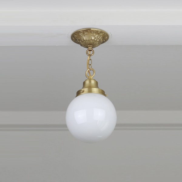 White Milk Glass Globe  Pendant Light Fixture, Glass Pendant Light, Casting Brass Pendant Light
