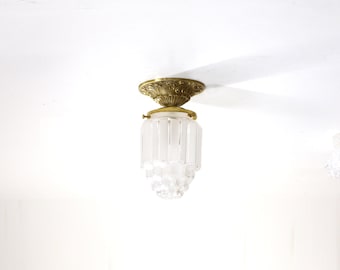 Brass Art Deco Ceiling Light Fixture with Frosted Shade, UL Listed, No.0696