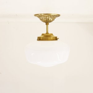 Brass ceiling light with opal gloss schoolhouse shade, Ceiling light fixture with shade,Mid century light fixture, Brass ceiling light