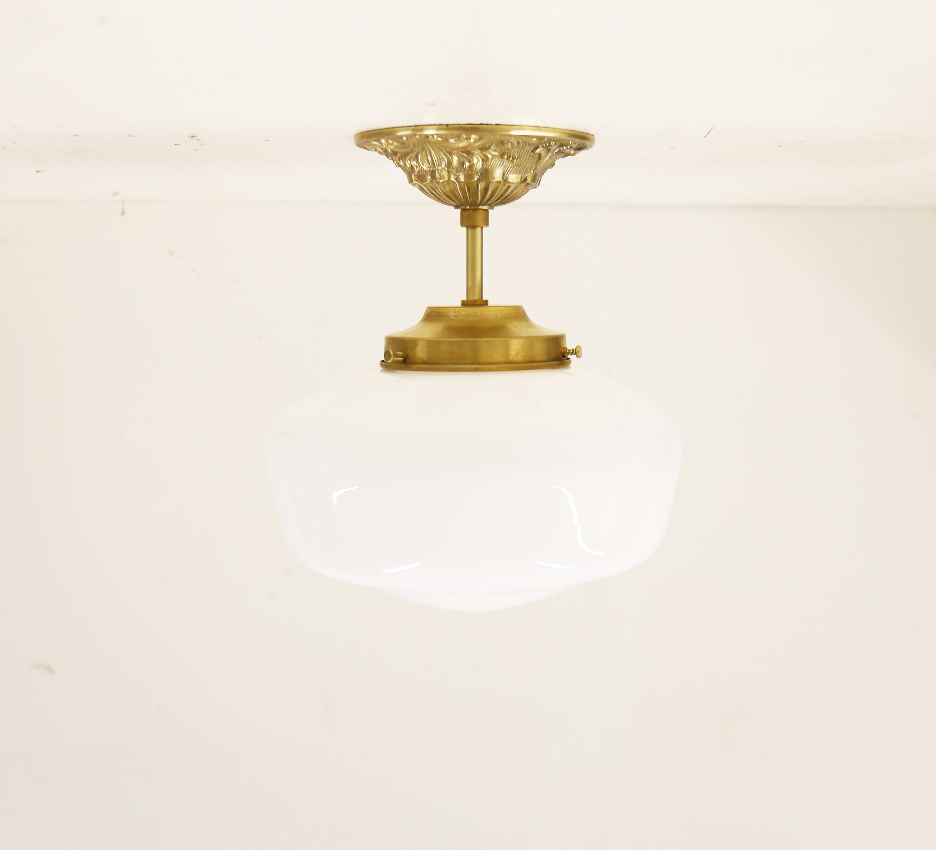 10.8 in. 1-Light Modern Industrial Brass Flush Mount Ceiling Light with Opal Fish Scale Glass