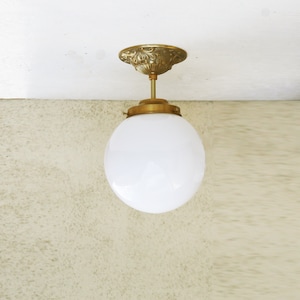 Brass ceiling light with opal gloss schoolhouse shade, Ceiling light fixture with shade,Mid century light fixture, Brass ceiling light