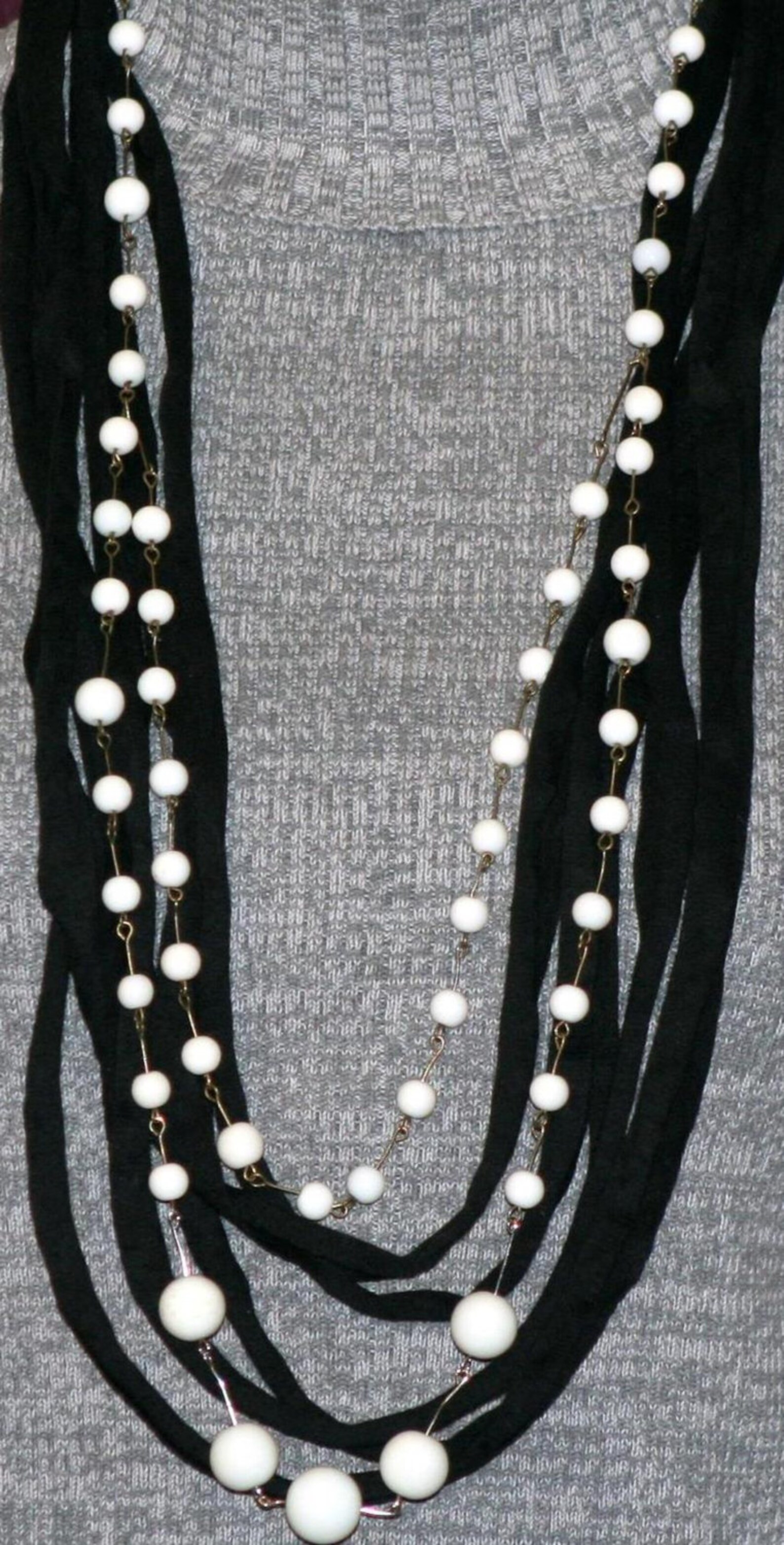 Black Tshirt Necklace With White Beads Etsy