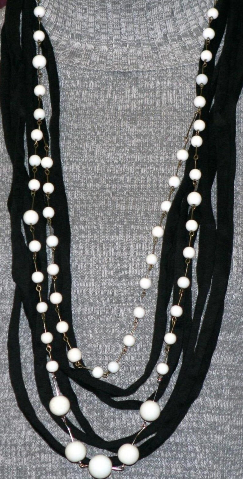 Black Tshirt Necklace With White Beads Etsy