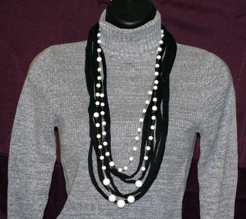 Black Tshirt Necklace With White Beads Etsy
