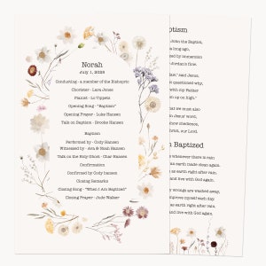 May include: A floral-themed program for a baptism ceremony for a baby named Norah. The program includes the date of the ceremony, July 1, 2025, and lists the names of the people who participated in the ceremony, including the officiant, chorister, pianist, and speakers.
