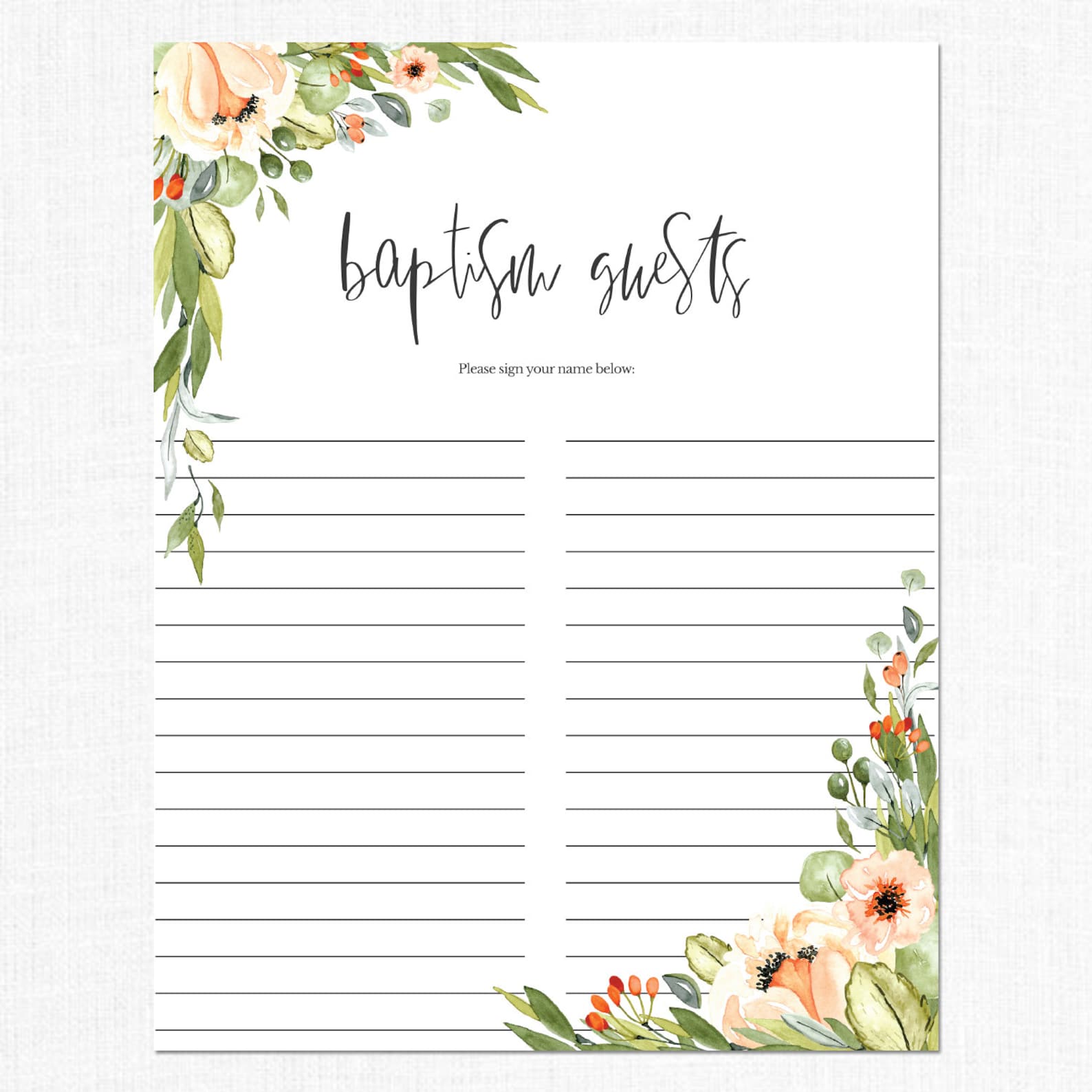 Baptism Guest Sign-in Sheet LDS Baptism Guests Printable - Etsy