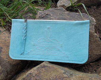 Bolso de mano Western Stitch Clutch, bolso Boot Stitch Bag, piel turquesa, bolso de mano