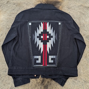 Black denim jacket embellished with wool, southwestern denim