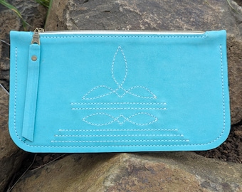 Bolso de mano pequeño estilo western, bolso con costuras de bota, cuero turquesa, bolso