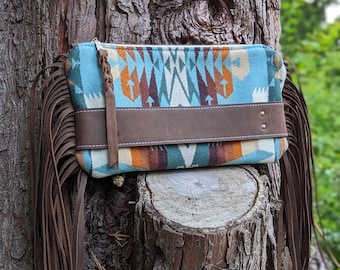 Western fringe clutch, made with Pendleton® wool and leather, large clutch
