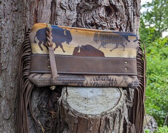 Western fringe clutch, made with Pendleton® wool and leather, large clutch