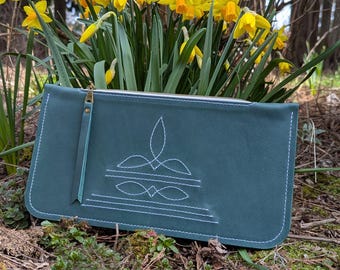 Bolso de mano Western Stitch Clutch, bolso Boot Stitch Bag, piel azul mediterránea, bolso de mano