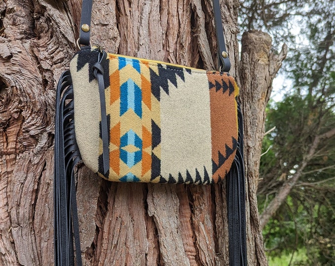 Fringe purse made with Pendleton® Wool and Leather | Adjustable strap bag | Southwestern purse | Western purse | Rancho Arroyo Black