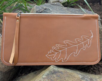 Bolso de mano con forma de hoja de roble, piel color camel, bolso de mano, cartera de mano
