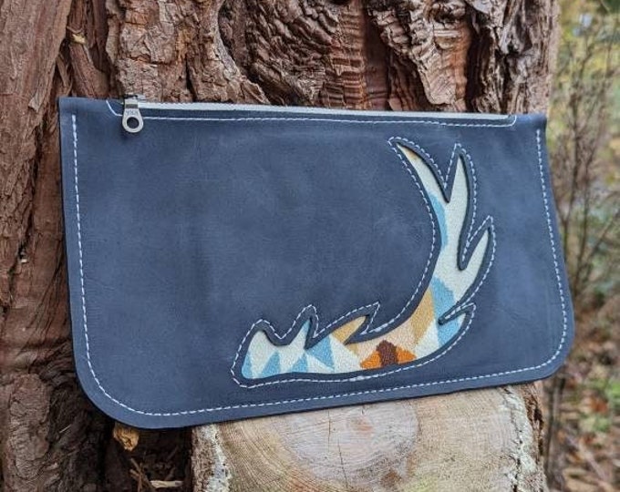 Leather wallet, leather pouch, clutch bag, antler, made with Pendleton wool®