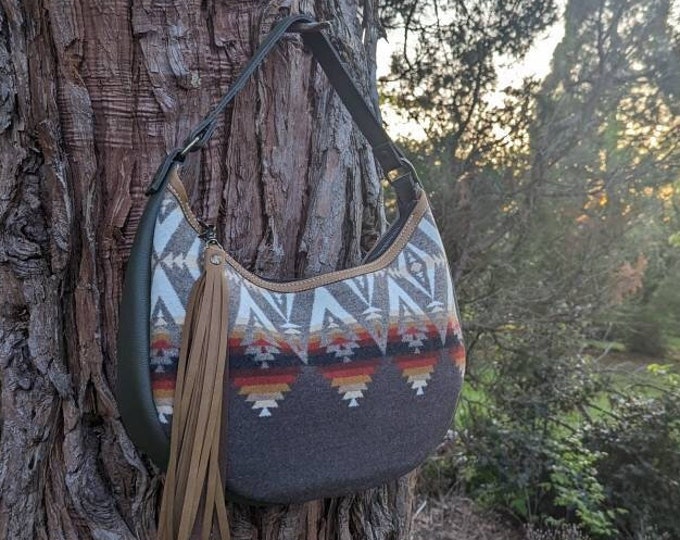 Boho style shoulder purse made with leather and Pendleton wool® | Western style bag