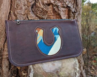 Leather wallet, leather pouch, clutch bag, lucky horseshoe, made with Pendleton wool®