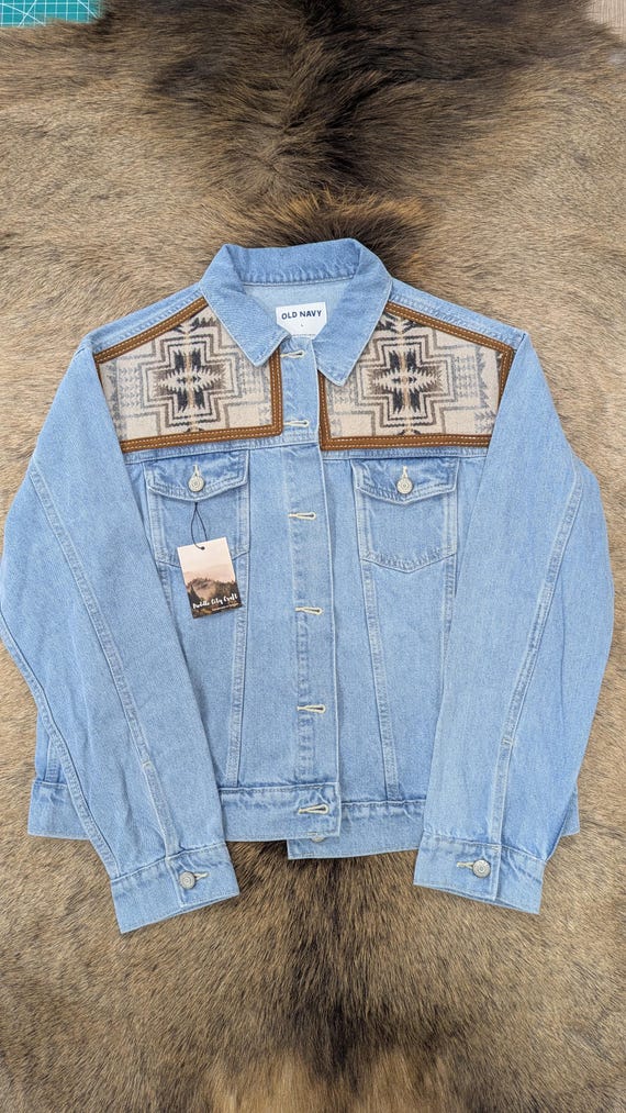 Denim jacket embellished with wool, southwestern denim