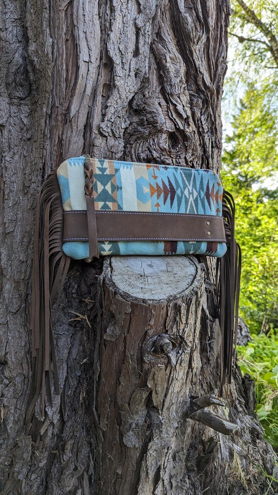 Western fringe clutch, made with Pendleton® wool and leather, large clutch