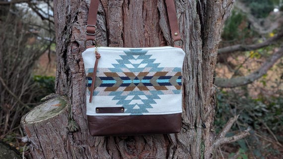Large crossbody purse made with southwestern print Wool and Leather