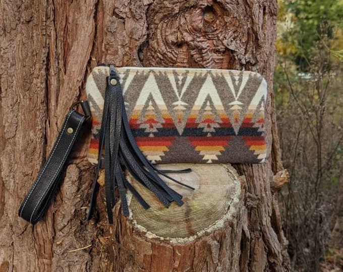 Clutch bag, wristlet, handbag, made with Pendleton® wool, leather and wool purse