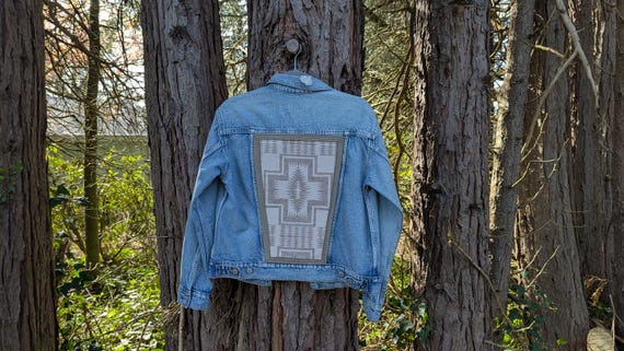 Denim jacket embellished with wool, southwestern denim