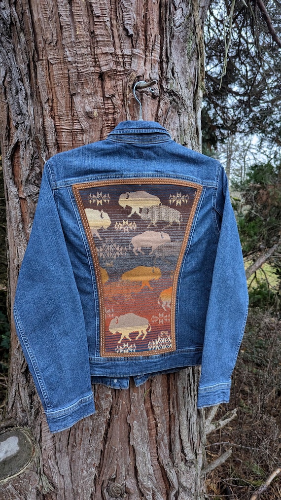 Jean jacket embellished with Pendleton® wool, southwestern wool jean jacket, Denim jacket with Pendleton® wool