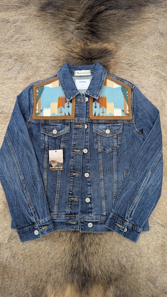 Denim jacket embellished with wool, southwestern denim