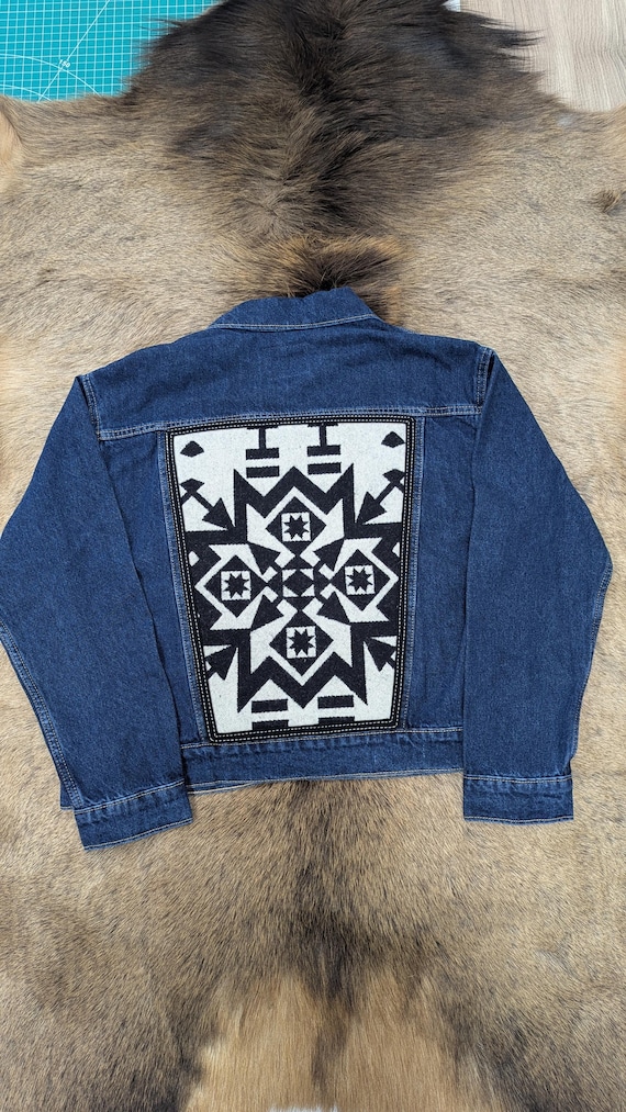 Denim jacket embellished with wool, southwestern denim